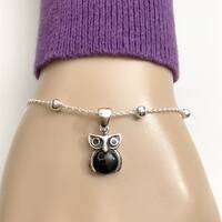 Owl Bracelet, Sterling Silver Black Onyx Beaded Bracelet, Dainty Onyx Owl Charm Bracelet