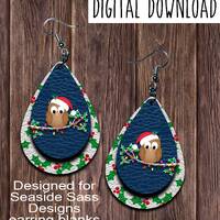 Christmas Owl Teardrop Earring Design, Drop Earring Design, Owl, Holly, Christmas Animal, Snow, Digi