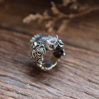 Owl Flower Ring for unisex made of sterling silver 925 Boho style