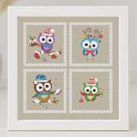 Christmas Owls Cross Stitch Pattern Christmas Animals Birds Easy Primitive Ornament Set of 4 Beginne