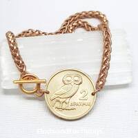Owl of Athena coin bracelet. 1973 vintage Greece owl coin. Greek bracelet. coin jewelry. owl jewelry