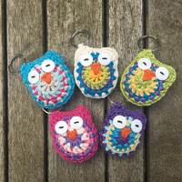 Hand Crocheted, Sleepy, Mandala Owl Keyring / Bag Charm in 100% cotton yarn - Choose Your Colour