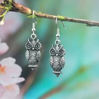 Owl Earrings, Owl Gifts, 3-D Shape, Handmade Solid Pewter & Stainless Steel