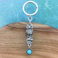 Owl Keyring with Turquoise Charm, Solid Pewter