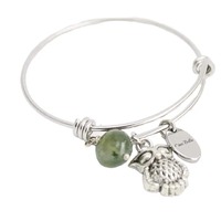 Owl Charm Bangle Bracelet: Stainless Steel with Green Agate