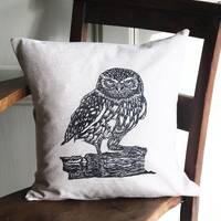 Little Owl Hand Printed Linocut Feather Cotton Cushion
