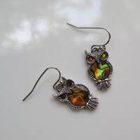Abalone Owl Dangle Earrings, Autumn Jewelry, Halloween Earrings, Fall Colors, Bird Jewelry