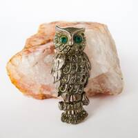 Vintage Green Eyed Owl Metal Brooch with Rhinestones
