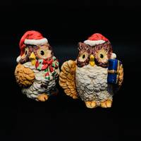 Vintage Hand Painted Ceramic Christmas Owls - Holiday Decor