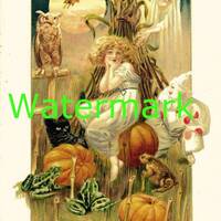 Vintage Winch Halloween Nightmare, Girl with Owl, Witch, Bat, Clown, Black Cat, Moon. Digital Downlo