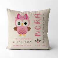 Baby Owl Birth Stats Pillow | Personalized Birth Announcement | Baby Girl Gift | Cute Owl Nursery De