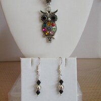 Whimsical Silver Owl with Multi-Colored Crystal Accents Necklace and Earring Set