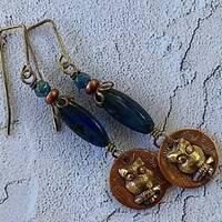Hoot Owl Brass and Copper Dangle Earrings, Blue Earrings