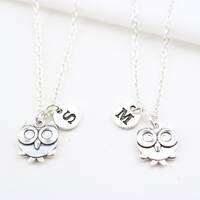 Owl Necklace Set, Sister Best Friend Gift, Personalized Initial Charms