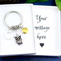 Owl Keyring, Personalised Gift, Teacher Keychain, Silver Charm, Professor Gift, Woodland Accessory,
