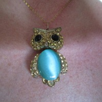 Reticulated OWL Black Eyes Blue Green Body Pendant on  Necklace 20" Vintage Jewelry, Artistic C