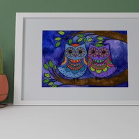 Love Birds-Original owl art print-colorful watercolor painting-kid's room decor-wall art-owl dec