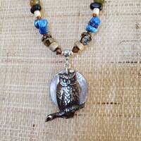 Owl Pendant, Vintaj Brass Owl, Brown Lip Mother of Pearl, Natural MOP, Lapis, Wood, Swarovski Crysta