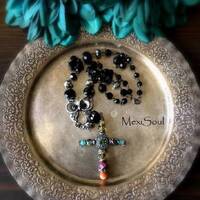 Owl/Cross Necklace/Assemblage Necklace/Owl Jewelry/Black Glass Beads/Wear 2 Way necklace/Bohemian/Re