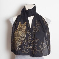 Great Horned Owl Hand Painted Black Silk Scarf Bird Gift Owl Christmas Gift 53X12