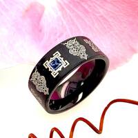 Celtic Owl Wedding Band Black Tungsten Ring with Celtic Knot and Square Sapphire 9mm