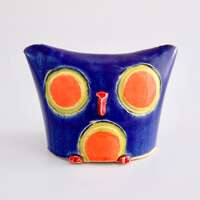 Owl, ceramic with blue, orange and green glaze, small key hider