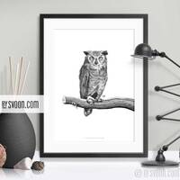 Owl On A Branch Print, Sitting Owl Poster, Black & White, Artistic Drawing, Animal Illustration,