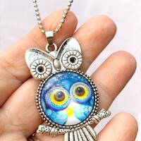 Retro Owl Necklace, Silvertone on Ball Chain