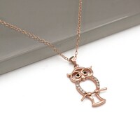 0.22ct Created Diamond Owl Pendant Sterling Silver Necklace Chain Silver Tone / Rose Gold Tone