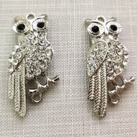 4pcs Rhinestone OWL Charms ,Silver Owl Connects , Rhinestone Connects, 17x41mm Bird Charm , Bird Con