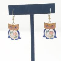 Vintage cloisonne owl pierced earring dangle floral bird