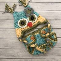 Baby owl hat and diaper cover, gender neutral hat, newborn photo prop, crochet owl hat, photo props 