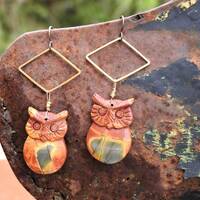 Boucles d'oreilles crochets en niobium Hiboux en Jaspe Picasso de 32/21mm