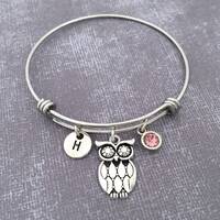 Owl Bangle Bracelet, Owl Charm Bracelet, Owl Charm Jewelry, Initial Bangle, Personalized Owl Gift, O