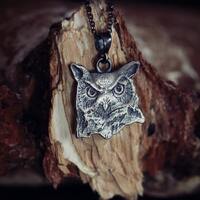 Owl Head Pendant, Sterling Silver, Bird Jewelry, Bird Charm Necklace, Multiple Chain Lengths, Owl Gi