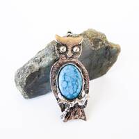 Mystical Vintage Owl Pendant Silver Tone Pewter and Faux Turquoise