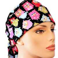 Pixie Style Women's Scrub Hat-Sleepy Owl Who Gives a Hoot- Multicolored Owls on Black/Medical Sc