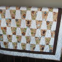 Baby Quilt With Monkeys, Owls, Koala Bears And Birds, Flannel, Neutral Gender