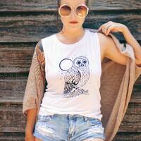 Luna Owl Tank top, Nature Tank Top, Owl Tee, Hand Printed T Shirt, Skyline Fever