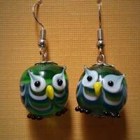 Owl earrings, lampwork glass