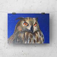 Acrylic painting of an eagle owl, small original contemporary Scottish artwork, perfect for home dec