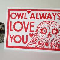 Owl valentines card, unusual valentines print, owl linocut, i'll always love you, Dolly quote, a