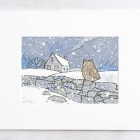 Owl Farmhouse Art Winter Snow Landscape Illustration Print