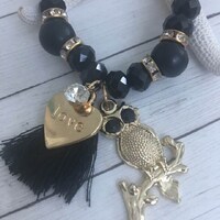 Owl Beaded Bracelet,Wood & Rhinestone Bead Bracelet,Black and Gold Beaded Owl Stretch Bracelet,O