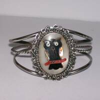 Zuni Sterling Inlay Owl Cuff Bracelet Southwestern Native American Onyx Coral Mother of Pearl Vintag