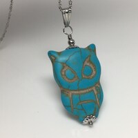 Blue Magnesite Owl Silver Tone Stainless Steel Necklace