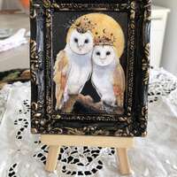 Miniature Owl Art Print: "Midnight Magic" Framed Owl Couple