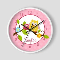 Happy Owls in a Tree Pink and White 10" Girls Nursery Clock / Owl Nursery / Owl Decor