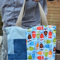 sac a main coton hiboux  , jeans ,  doublé ,  fermé  , avec tirette  , 37/25/7cm , cot