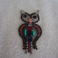 Owl Brooch w/ Czech Glass Rhinestones, 4" X 2"